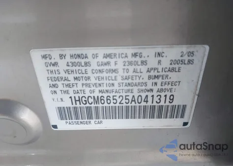 2005 Honda Accord 3.0 Ex from USA, damaged, VIN 1HGCM66525A041319